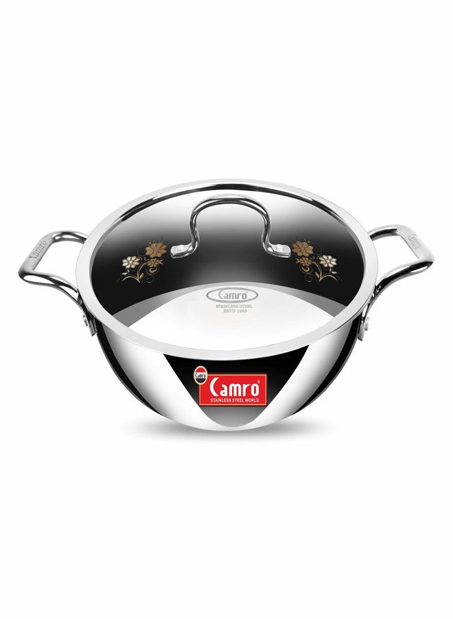 Camro Triply Artisian Kadhai With Lid 32 Cm, 6.7 Liters | kadhai Steel Stainless | Kadhai For Deep Frying | Kadai Induction Base |Kadai For Cooking Stainless Steel | Induction Friendly Dishwasher Safe - Image 1